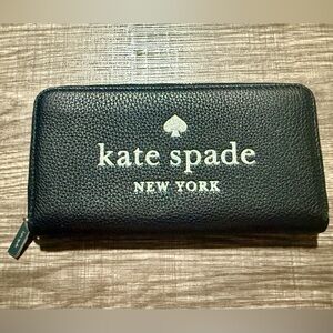 Kate Spade Black Pebbled Leather Ella Glitter Long Zippie Wallet
